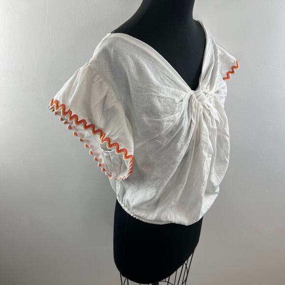 Line And Dot White Orange Top Linen Knotted Front Ruffle Sleeve Size Large L NEW - Picture 5 of 11